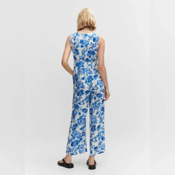 Mango Floral-Print Jumpsuit With Tie Blue and White Print Size Extra Small - Picture 2 of 14